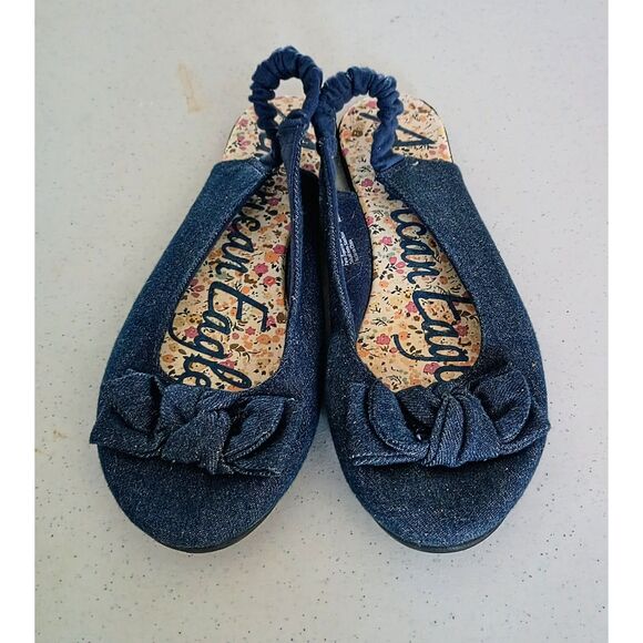 American Eagle Denim Ballet Flats Bow Slingback - Size 9.5 - Picture 2 of 8
